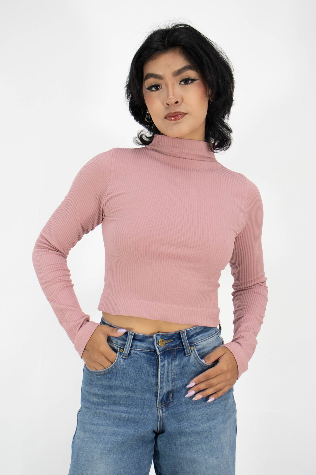 Blusa de Manga Larga Acanalada Cuello Alto