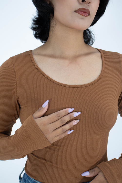 Blusa de Manga Larga Acanalada Cuello Redondo