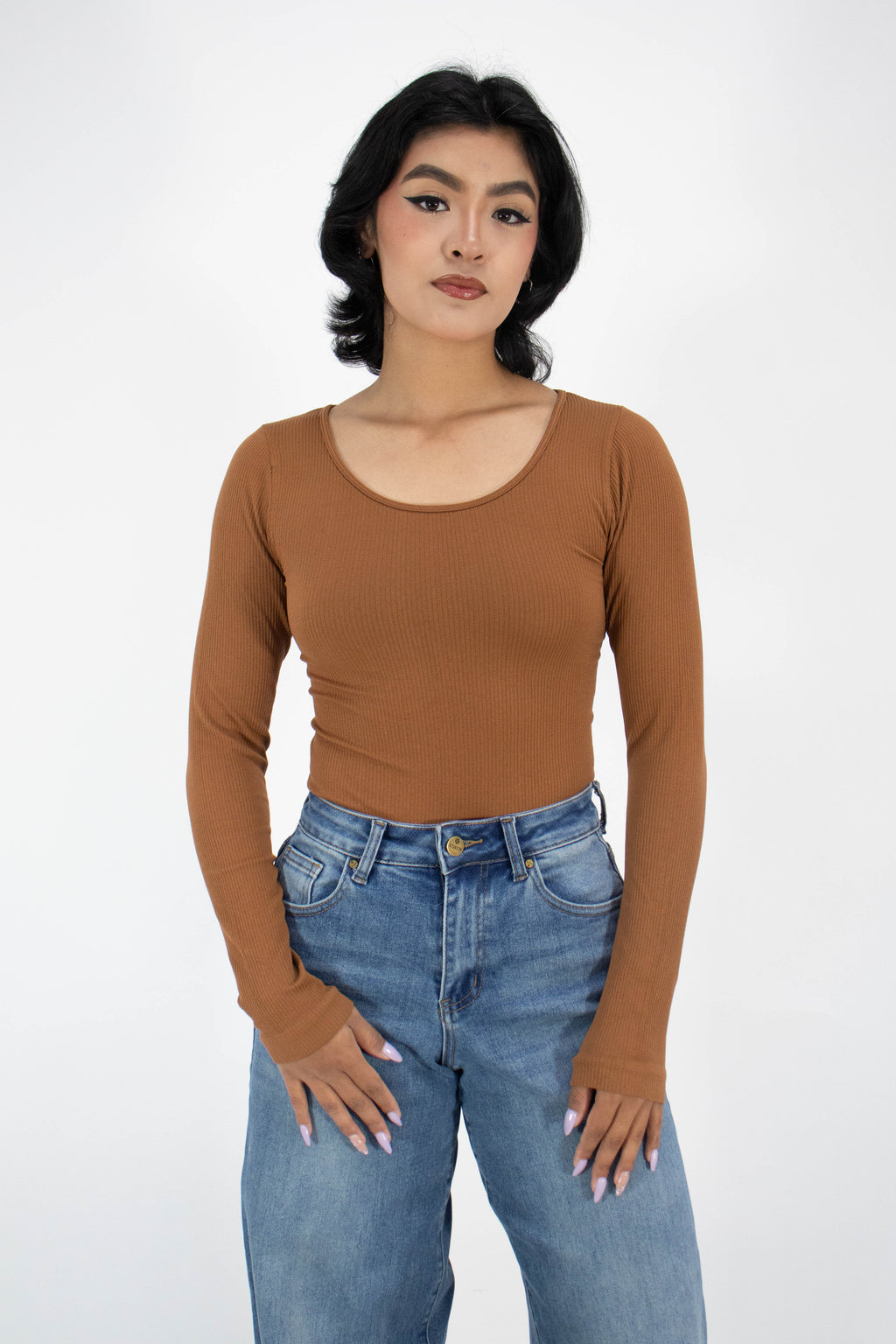 Blusa de Manga Larga Acanalada Cuello Redondo